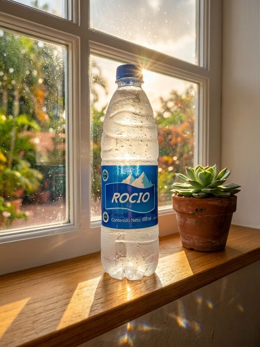 Botella de agua mineral Rocío de 600 ml fría junto a una planta suculenta en una ventana, una opción refrescante de bebidas frut venezuela.