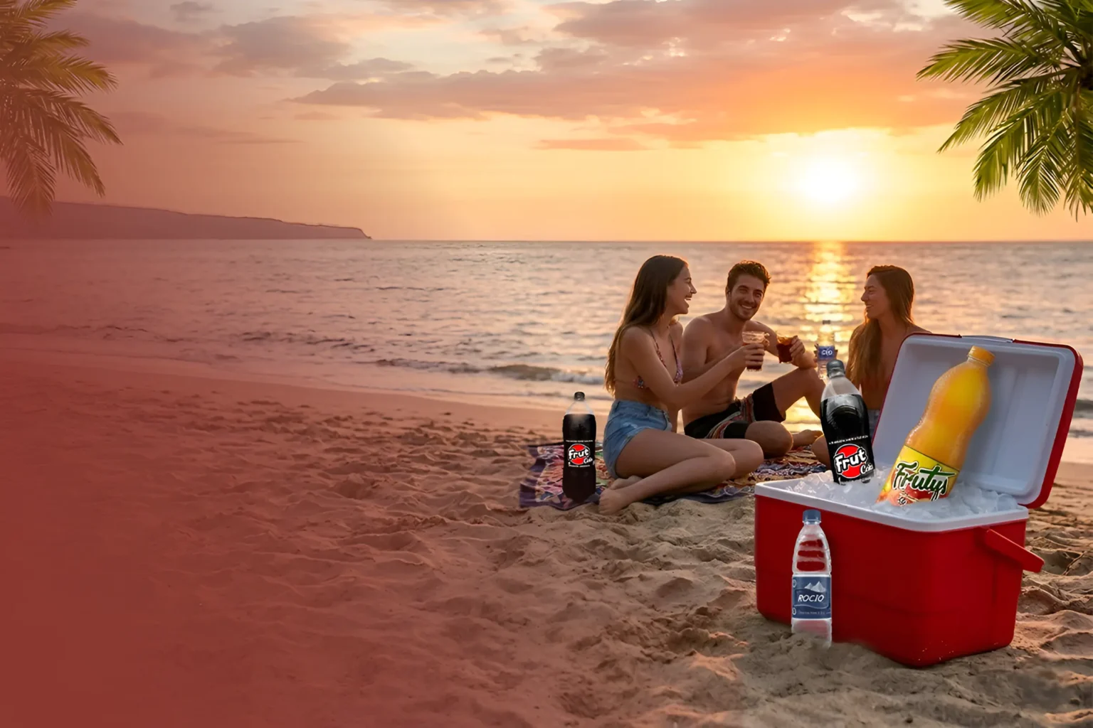 Un grupo de amigos sentados en la arena compartiendo bebidas frente al mar durante el atardecer, junto a una cava roja con hielo llena de refrescos Frut Cola, Frutys sabor manzana y agua mineral Rocío de la marca bebidas frut venezuela.