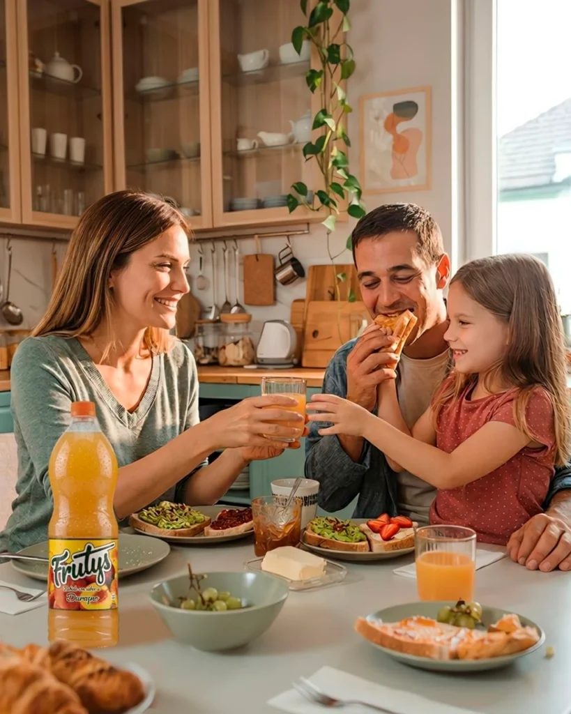 Familia compartiendo un desayuno en casa con una botella de bebida Frutys sabor a durazno en la mesa.