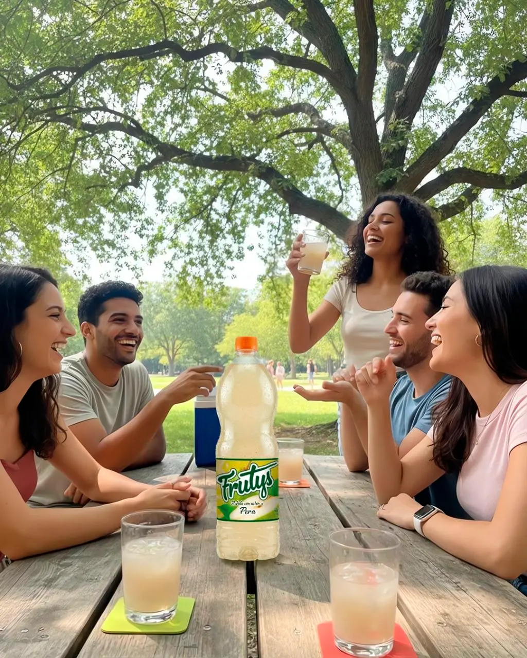 Grupo de amigos riendo y compartiendo una bebida Frutys sabor a pera en una mesa de madera al aire libre.
