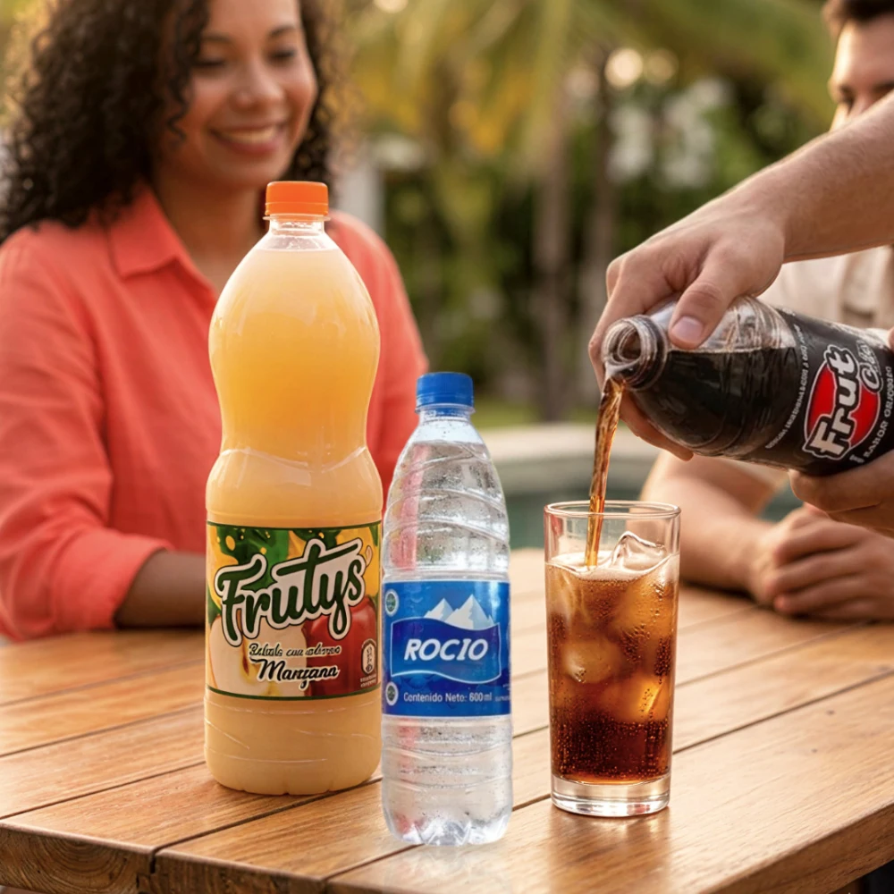 Mesa de madera con jugo Frutys sabor manzana, agua Rocío y una mano sirviendo refresco Frut Cola en un vaso con hielo, destacando el catálogo de bebidas frut venezuela.