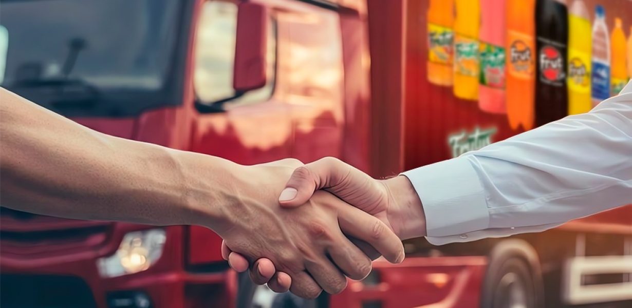 Ajuste de manos entre dos personas frente a un camión de carga con el logo y productos de Bebidas Frut Venezuela C.A.