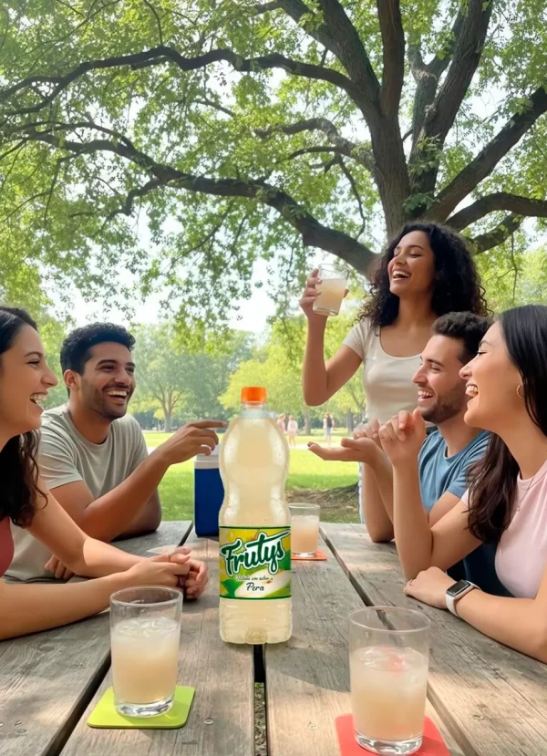 Grupo de amigos riendo y compartiendo una bebida Frutys sabor a pera en una mesa de madera al aire libre.